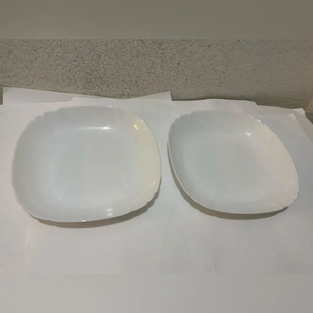 Arcopal France rimmed square bowls 8” Milk White Glass Vintage Set of 2 MINT